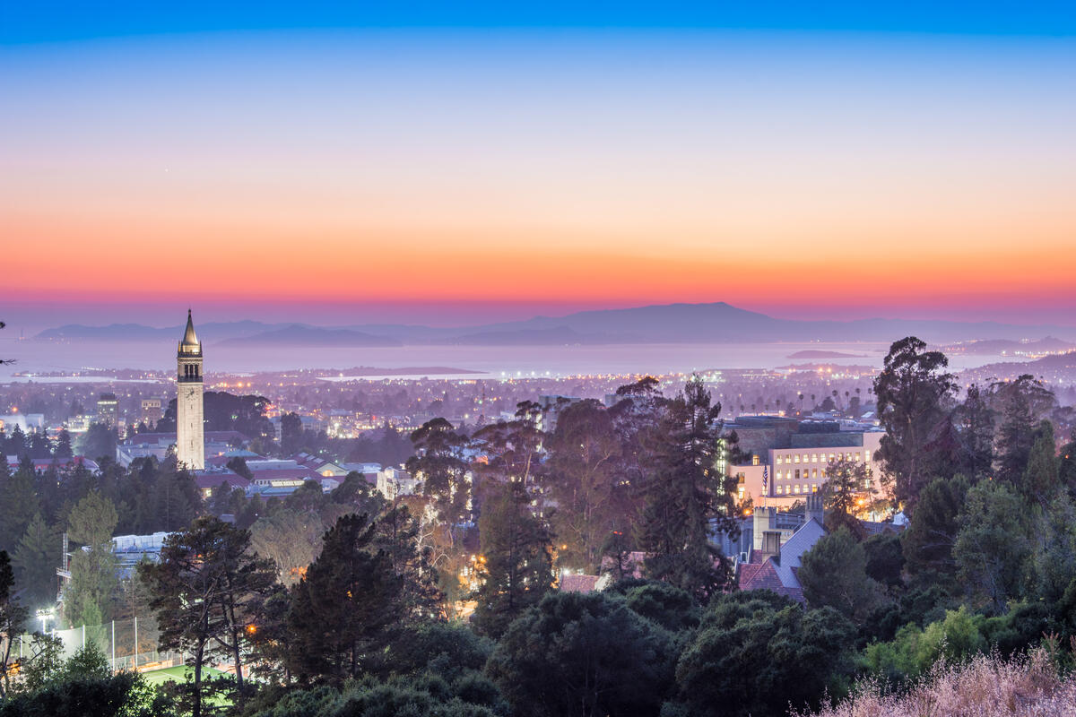 Sunset of Berkeley with Campanile in foreground