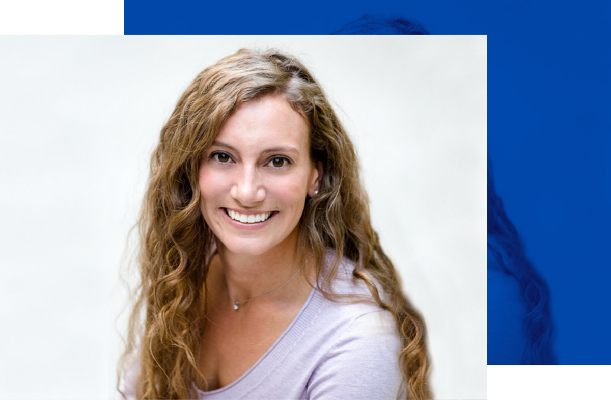 Headshot of Amy Gardner with blue color block design in background