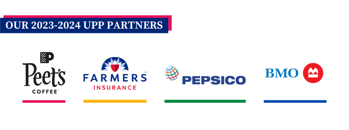 Decorative banner featuring "Our Current 23-24 UPP Partners" and company logos for Peet's Coffee, Farmers Insurance, PepsiCo, and BMO Bank